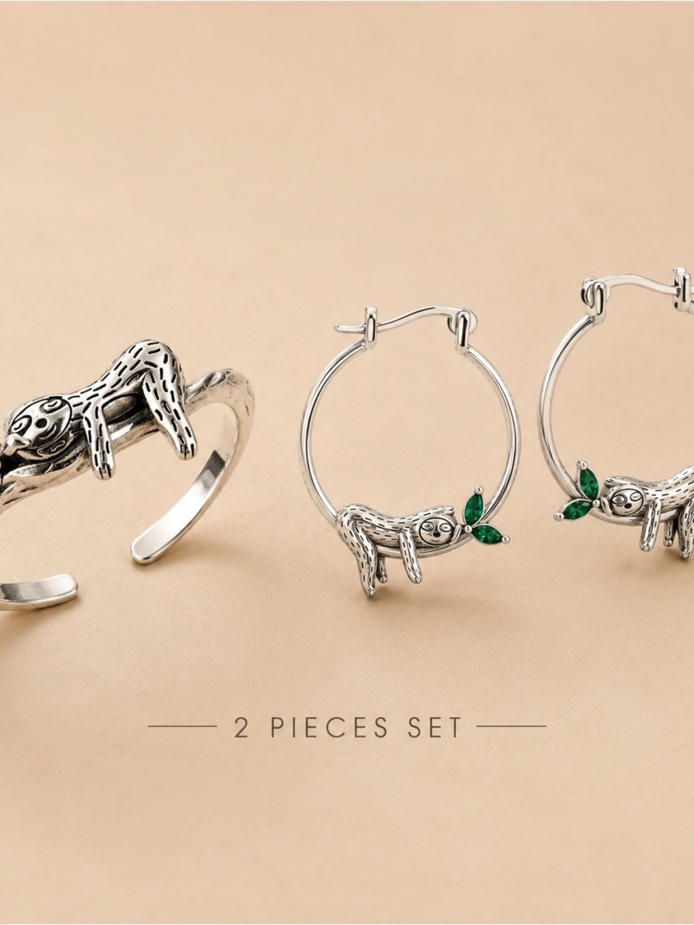 Silver Sloth Hoop Earrings and Cuff Set with Green Leaf Accents